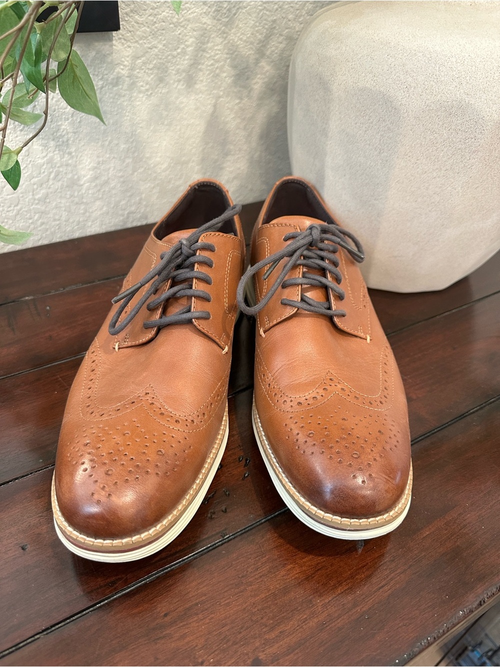Cole Haan Tan Leather Wingtip Oxfords with Dark Laces